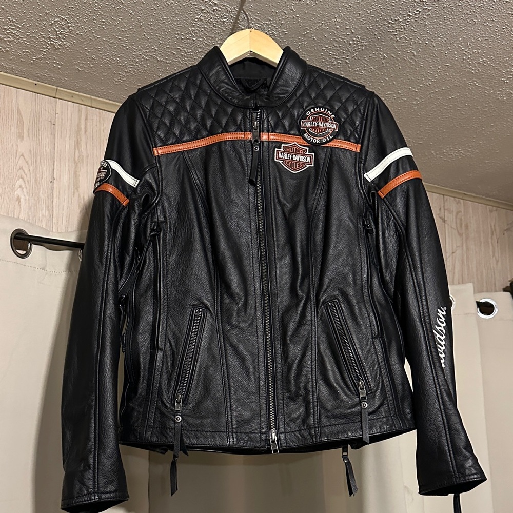 Harley-Davidson Black and Orange Quilted Bomber Jacket